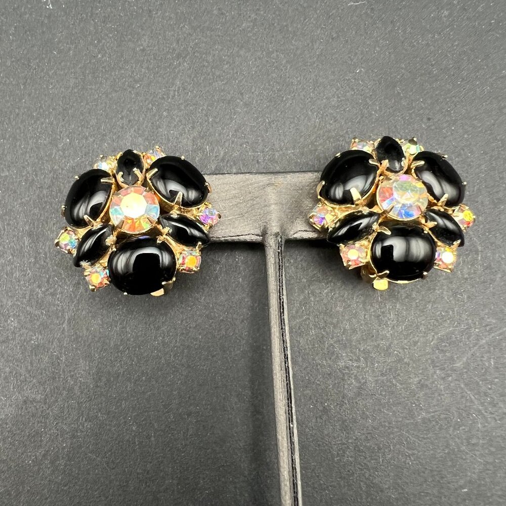 Vintage Clip On‎ Earrings Aurora Borealis AB and Black Stone Gold Tone